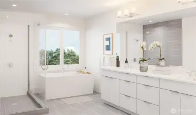 Rendering of luxurious bathroom with free-standing soaking tub and a walk-in shower.