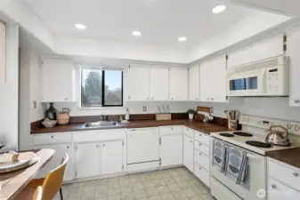 End-unit premium qualities of this home include the south wall kitchen window that brightens the working area. Updated, recessed lighting ensures good working light at all times of the day.