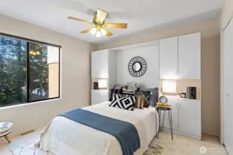 This well-installed, "built-in" murphy bed enhances this home's value by adding greater efficiency and multi-functionality of space. This room can flex by day as a home office and as a guest bedroom by night.