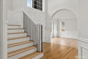 Natural Hardwood Stairs, Elegant Metal Railing