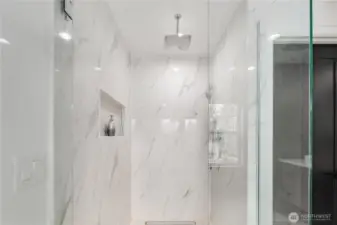 Oversized Shower with Frameless Glass Walls, Rain Showerhead and Adjustable Wall-Mounted Shower Head