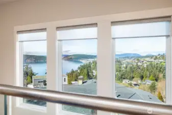 Another look over the railing from the bonus room - the view is of Washington Park in the distance with the Skyline Marina. The islands to the left are Burrow's and Allen Islands.