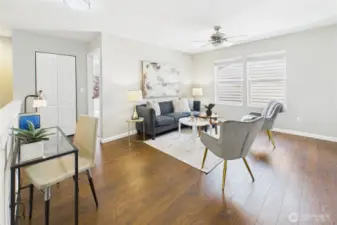 This spacious upstairs loft offers endless possibilities—use it as a second living area, media room, home office, or easily convert it into a 4th bedroom, complete with an existing walk-in closet. Bright and inviting with warm hardwood floors and multiple windows, it’s a flexible space designed to adapt to your lifestyle.