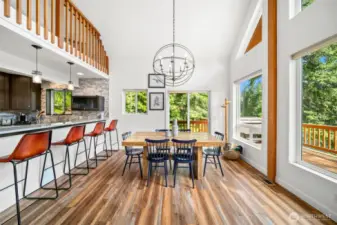 Kitchen, bar, dining area.