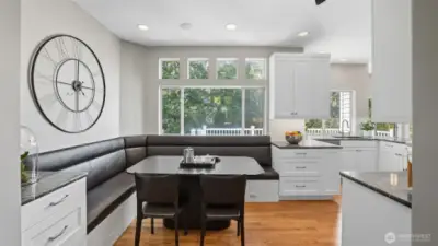 The dining room has been specially updated with a banquette seating arrangement at the same time the kitchen was being totally redesigned and improved.   The views are peaceful and private.