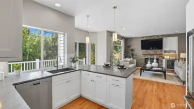 The kitchen begins with stunning marble Pietra Grey counters, glass tile backsplashes,  high end kitchen appliances, gas and electric cooking, 2 spot eat bar and wonderful private views into your own private yard on the permanent greenbelt.