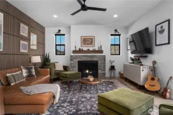 Propane fireplace with stone from Montana surround it with shiplap above. Real rustic beam mantle adds charm to this space.