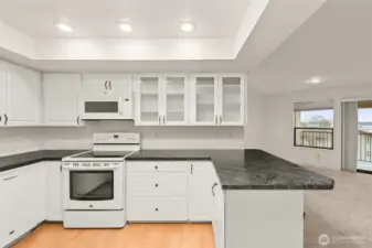 Laminate floor in kitchen.