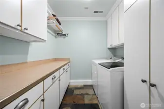 Dedicated laundry room with cabinetry, countertop workspace, and additional storage for everyday convenience.