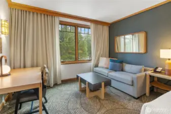 Open studio living space with cozy seating area