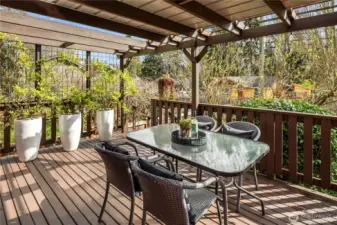 The deck wraps around to the side door off the kitchen and has stairs down to the backyard.