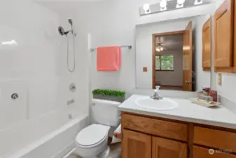 The master bathroom with a shower and bathtub.