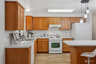The kitchen has new pendant lights, refinished countertops and newer appliances (dishwasher is 2 year old, and the refrigerator and gas range are about 4 year old)