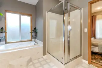 Bath features jetted tub and separate shower.