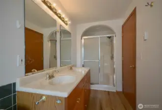 Arch ways through out on shower stall. new LVP flooring.
