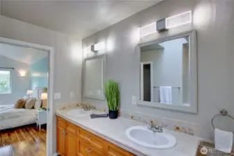 Large in suite primary bathroom with double vanity.