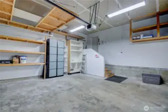 Two car garage with storage.