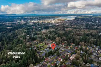Arial Showing Proximity to Watershed Park & Downtown
