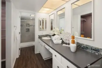 The updated primary bath offers generous storage and counter space, with a separate room for the toilet and shower. The walk-in closet is to the left.