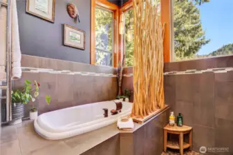 The primary bathroom with sunken shower to the right.