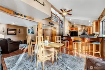 A view of the kitchen and living room.