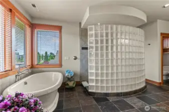 Gigantic walk-in, slate and glass shower!
