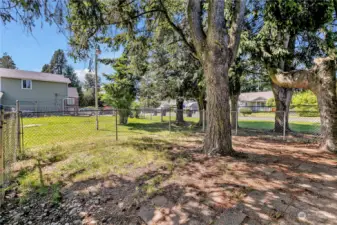 Backyard features 2 fenced areas; one near the house off the patio and the second surrounding the property line