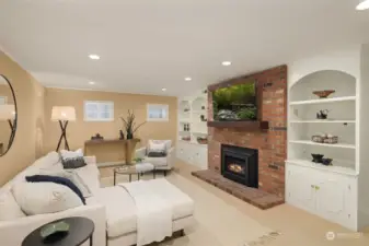 Lower level rec room! Built in shelves and gas fireplace