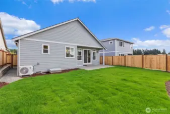 Fully landscaped backyard with privacy fencing, patio and easy access to front yard through side gate