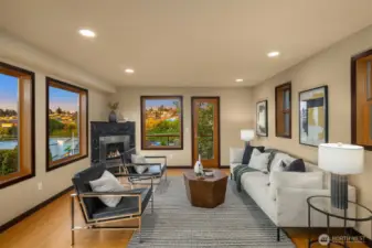 Living Room with gas fireplace, Bamboo floors and beautiful views.