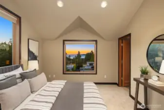 Primary bedroom ensuite framed by the Sound and Olympics!