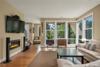 South facing gathering area with walls of windows for great sunlight. Balcony overlooks park.