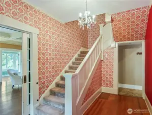 Enjoy historic touchs like sliding french doors, wood floors, majestic chandeliers.