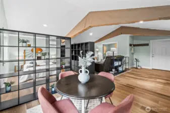 The natural light enhances the open and airy concept of the space.