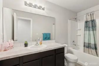 Full Bath - 2nd Level  -  Off Hallway with Long Vanity & Mirror