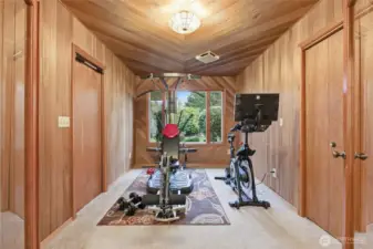 A bedroom which is currently used as an exercise/workout room, but has many possible uses.