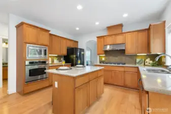 Gourmet kitchen with quartz countertops, center island, undercabinet lighting, and BRAND NEW Samsung gas cooktop & vent hood.