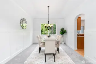 Vaulted Ceiling in formal dining room with gorgeous greenbelt view.