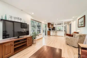 view from family room to kitchen