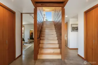Concrete radiant heat flooring throughout downstairs living areas.