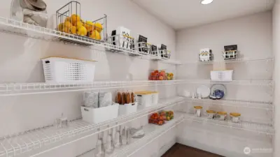 Large walk-in pantry. For marketing purposes only. Colors and features may vary.