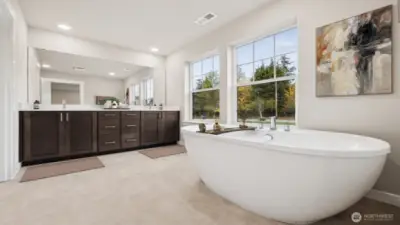 Attached 5-piece bathroom off primary with large soaking tub, double sink, walk-in shower.  Primary bedroom with 5-piece attached bathroom and walk-in closet. Actual home is under construction and materials, colors, and finishes will vary. See site agent for details.