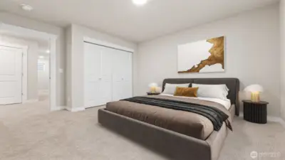 One of the secondary bedrooms. Actual home is under construction and materials, colors, and finishes will vary. See site agent for details.