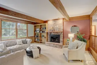 Cozy sunken family room just off the breakfast nook with another fireplace is the perfect setting for a reading nook!