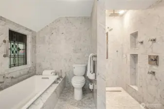 Bath is 100% White Marble with heated floors throughout…