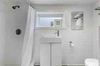 The 3/4 bathroom found in the lower level.