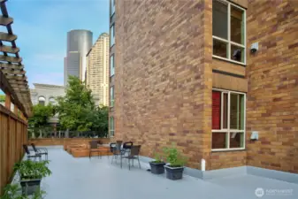 Community patio with garden beds