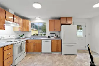 Classic wood cabinetry creates a warm touch.