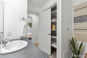 Same bathroom with vanity and convenient closet for extra storage.