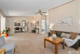 Family room with ceiling fan